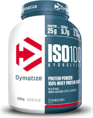 A product shot of a Dymatize ISO 100 Hydrolyzed Whey Protein Powder container.