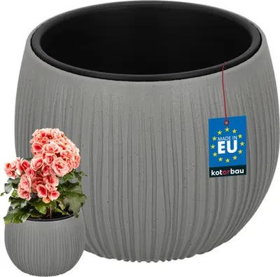 Image de KOTARBAU® Pot de fleurs rond ⌀ 18 cm H : 14 cm Cache-pot et pot intérieur pour plantes d'intérieur et herbes aromatiques, aspect béton, strié, gris, cache-pots, cache-pot pour fleurs