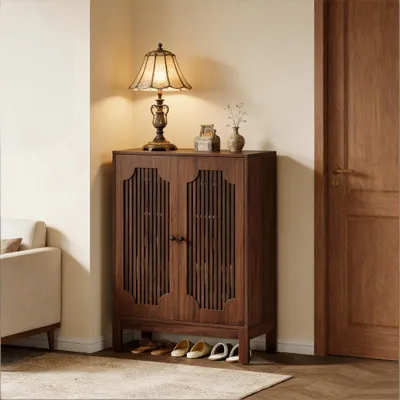 Produktbild von Schuhschrank Walnuss-Optik schmaler Dielenschrank Landhaus Kommode fš¹r 15-20 Paar Schuhe 35cm tief Highboard Sideboard mit verstellbaren B?den Braun