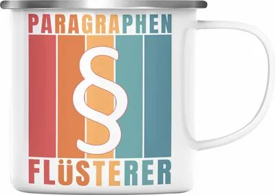 Produktbild von Trendation - Jura Emaille Tasse Geschenk Spruch Jurist Geschenkidee Anwalt Jura-Studium Lustige Sprüche Paragraphen Flüsterer (Silber)