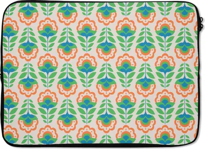 Produktbild von MuchoWow® Laptop Hülle 13 Zoll Retro - Blumen - Design - Grün - Orange Laptoptasche - Laptophülle - Sleeve - Rundumschutz