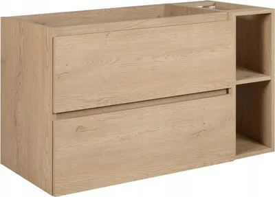 A light brown wooden bathroom vanity cabinet with two drawers and an open shelving unit on the right side, shown from a front-side angle against a white background.