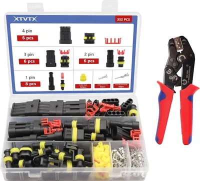 Produktbild von 352 Stück Kfz Stecker Wasserdicht Kit, Kfz Steckverbinder 12v mit Crimpzange, Kabelstecker (1/2/3/4-polig) für Auto, LKW, Motorrad, Kajakboot