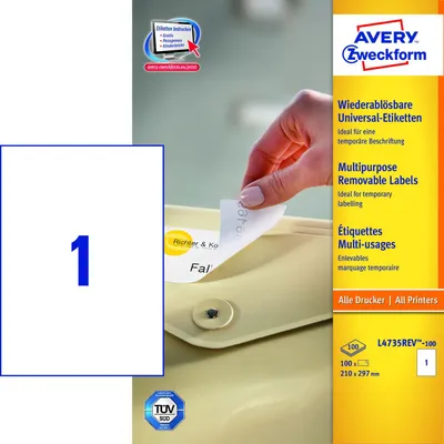 Image de Avery Zweckform L4735REV-100 Étiquettes universelles, 210 x 297 mm, 100 feuilles/100 étiquettes, blanc