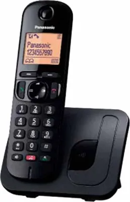 A black Panasonic cordless phone with its charging base, shown against a white background.