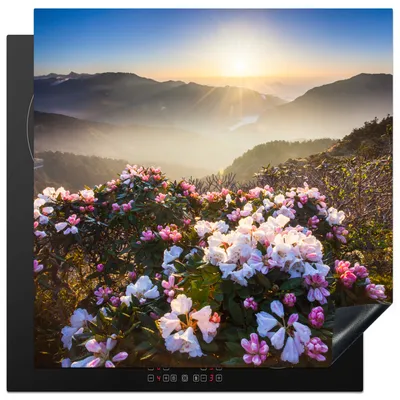 Produktbild von KitchenYeah© Herdabdeckplatte Blumenwiese - Sonne - Berge , 78x78cm, Küche Deko, Glaskeramikkochfeld Herdabdeckung, Abdeckplatte fùr Kochfeld