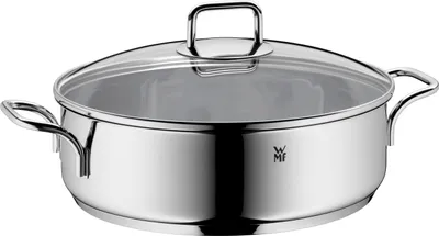 Produktbild von WMF Bräter mit Deckel backofengeeignet, 5l, Schmorpfanne 28 cm hoher Rand, Schmortopf Induktion, Cromargan Edelstahl, Glasdeckel, unbeschichtet