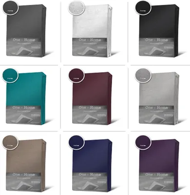 A collage of nine different colored fitted sheets, each with a small circular swatch of the color in the top left corner.