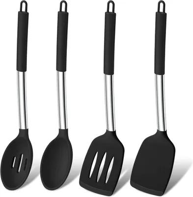 Produktbild von Kš¹chenhelfer Set, 4 Stš¹ck Silikon Pfannenwender Kochl?ffel Set, Hitzebest?ndig Kš¹chenutensilien Set mit Edelstahlgriff, Gesund & Spš¹lmaschinenfest šC Schwarz