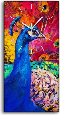 Produktbild von Wanduhr Uhr Wandbild Leinwand Kunstdruck 30x60 Vogel Malerei bunte Pfauen Kunst - weiße Hände