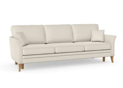 Produktbild von Juliett 3-Sitzer-Sofa mit Schlaffunktion, Massivholzkonstruktion, skandinavischer Stil, Hohe Beine aus Eichenholz, gewachst, Chenille-Stoff Puente 03 Creme