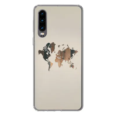 Produktbild von MuchoWow® Handyhülle Schutzhülle Hülle für Huawei P30 Weltkarte -Holz - Regal Silikon Softcase Handy Hülle - Kartenbesitzer