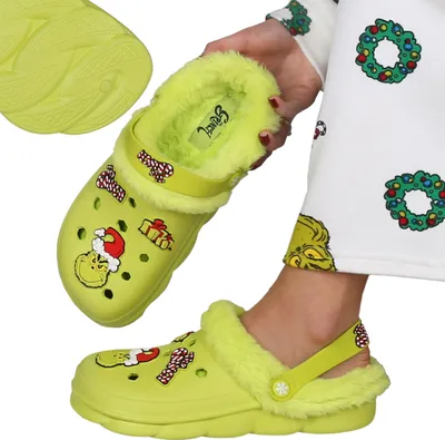 Obrázek produktu pro Grinch Zelené dětské pantofle, ZATEPLENÉ, VÁNOČNÍ, zahradní dřeváky s kožešinou pro děti 35 EU