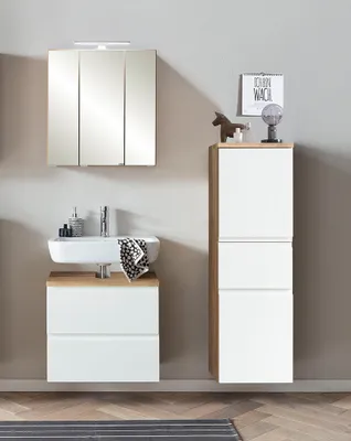 Produktbild von Badmöbel Set mit LED Beleuchtung, Wotan Eiche Nb. mit weiß matt, VASTO-03-WHITE, B/H/T ca. 115/200/35 cm