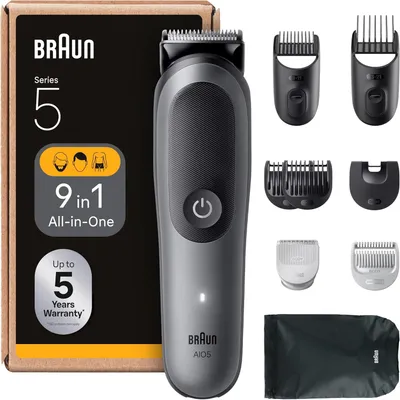 Produktbild von Braun All-in-One Trimmer-Set 5, 9-in-1 Multigroom, Bart- & Haarschneider für Gesicht, Kopf & Körper, 120 Min Akku, 14 Längen, wasserdicht, AIO5545