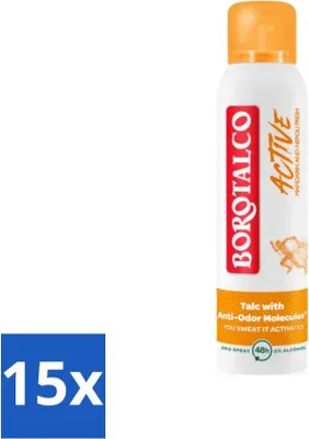 Productafbeelding van Borotalco – Deodorantspray – Active – Mandarijn & Neroli, frisse geur – 0% alcohol – 150 ml – Voordeelverpakking – 15 stuks