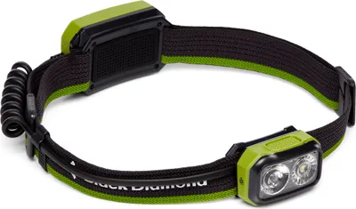 Stirnlampe "Onsight 375 Headlamp - Honnold Edition" von Black Diamond; schwarz mit grünen Akzenten; zwei LED-Lichtern.