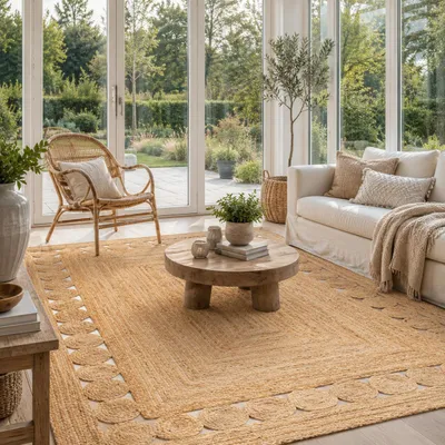 Produktbild von Naturfaser Teppich Handgefertigt Jute Salsa Ethno Beige Bordüre, Größe:80x150 cm