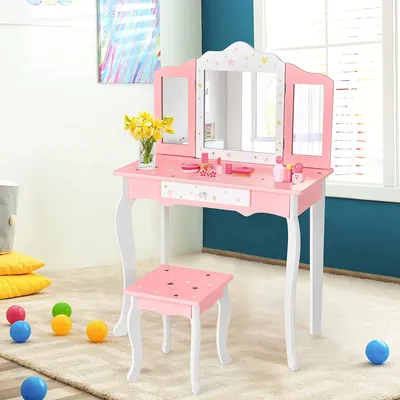 Produktbild von GOPLUS Kinder Schminktisch-Set mit Hocker, Prinzessinnen Frisierkommode inkl. Abnehmbarer Spiegel & Schublade, Multifunktionaler Kosmetiktisch Schreibtisch für Kinder Mädchen (Rosa)