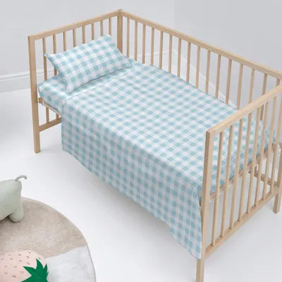 Image de Parure de lit HappyFriday Basic Kids Vichy bleu lit bébé 2 pièces