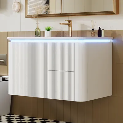 Produktbild von Flieks wandhängender Waschtischunterschrank mit LED-Radar-Bewegungssensorleuchte, Schubladen, einteiliges Waschbecken, Standschrank, Holzschrank, Weiß