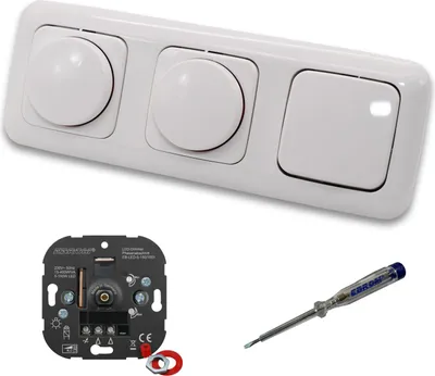 Produktbild von EBROM 1001 (2 x) LED Drehdimmer Dimmer + Busch Jäger Dimmerscheiben 2115-214 und Lichttaster 2020 US in Reflex Si alpinweiß glänzend inklusive EBROM Phasenprüfer zur Montage der Geräte