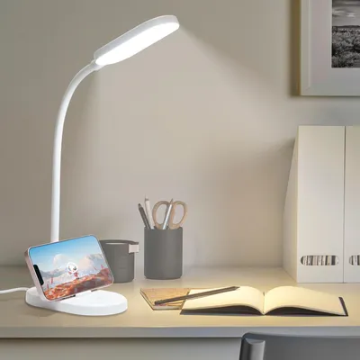 Produktbild von LQWELL® LED Schreibtischlampe Studienlampe für Heimbüro, 360° Flexibel Touch-Steuerung Tischleuchte mit Telefonhalter (Weiß)