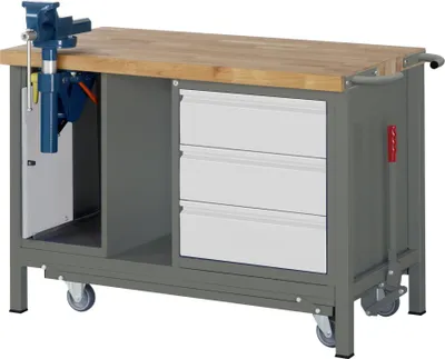Produktbild von STIER Werkbank Premium, mit abs. Fahrgestell, 3 Schubladen und Schraubstock, 125x70x88cm, Stahl & Buche