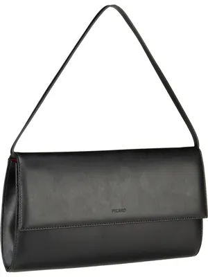 A black leather clutch bag with a single strap, presented against a white background.