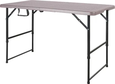 A brown foldable table with black metal legs is shown against a white background.