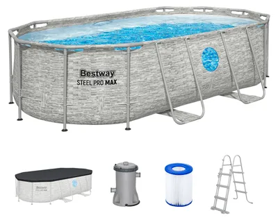 Immagine prodotto di Bestway® Steel Pro MAX™ Splashview™ Set completo di piscina a telaio con pompa filtro 427 x 250 x 100 cm, aspetto muro di pietra (grigio crema), ovale