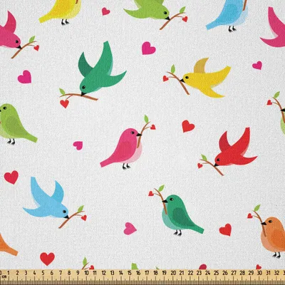 Produktbild von ABAKUHAUS Vögel Microfaser Stoff als Meterware , Muster Mit Den Fliegen Vögeln, Die Herz Niederlassungen Liebes Valentinstag Druck, 10 M (230 x 1000 cm), Mehrfarbig