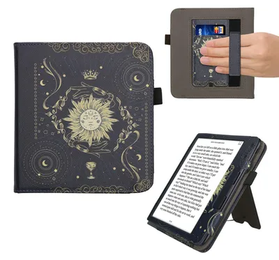 Produktbild von kwmobile Flip Cover kompatibel mit Kobo Kobo Libra Colour / Tolino Vision Color - Hülle mit Handschlaufe Tarot Karten Dunkelblau Gelb Schwarz