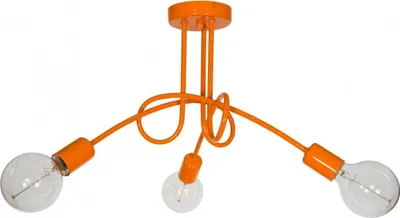 An orange industrial-style ceiling lamp with three flexible arms and exposed Edison bulbs, shown against a white background.