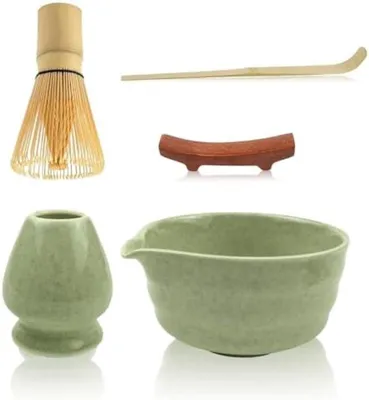 Produktbild von PolkaHome® Matcha Teeset – 5-teiliges Keramikset mit Bambuszubehör, Grün