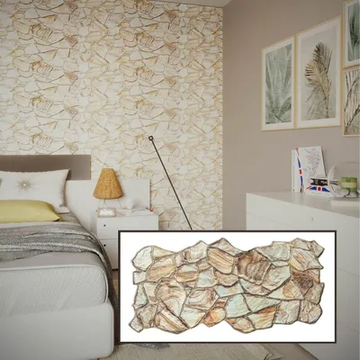A bedroom scene with a bed, nightstand, and dresser, featuring a stone-patterned wallpaper.