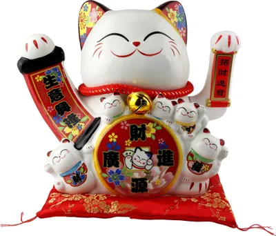 Produktbild von Glückskatze Maneki-neko Winkekatze aus Porzellan 26cm weiß winkende Katze