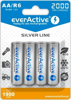 A blister pack of four AA rechargeable batteries.