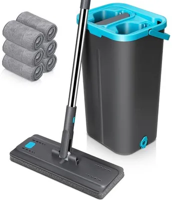 Produktbild von Ibenzoa® Wischmop-Set mit Eimer, 6 Mikrofaser-Pads, verstellbarer Edelstahlstiel 79,5–141,5 cm, 360° Drehkopf & 2‑in‑1 Auswringfunktion, Grau