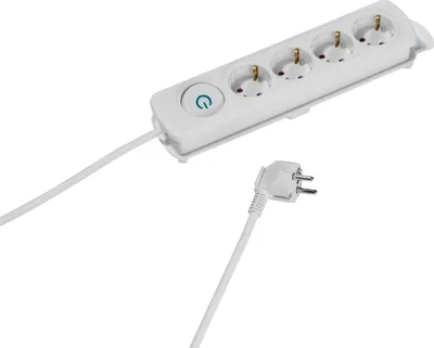 A white power strip with four sockets and a power button is shown, along with its white power cord and plug.