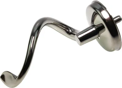 A close-up studio shot of a silver dough hook attachment for a kitchen mixer, isolated on a white background.