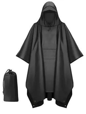 Produktbild von Regenponcho – Regenjacke mit Kapuze – Fahrradponcho – Uni – 210 x 140 cm – Wiederverwendbar – Mit Brusttasche und Aufbewahrungstasche – Schwarz