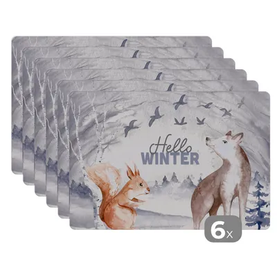 Obrázok produktu pre MuchoWow® Podložky Sada 6 podložiek Umývateľné podložky 30x45x0.3cm Sneh - Zima - Zvieratá Podložka pod stôl Nekĺzavá a odolná voči teplu