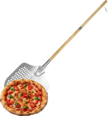 Immagine prodotto di Paletta per pizza Relaxdays, perforata, manico in legno rimovibile, lunghezza 132 cm, paletta per pizza, alluminio e acciaio inossidabile, argento