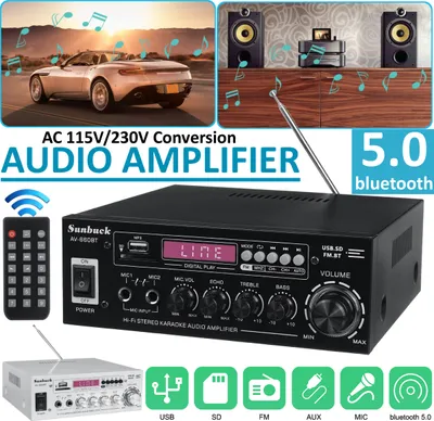 Obrázek produktu pro MECO bluetooth 5.0 Stereo Audio HiFi zesilovač 200W Digitální zesilovač 12V/230V 2CH s dálkovým ovládáním FM rádio Mikrofon Automatický USB SD slot pro tablet, PC atd. Černá