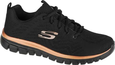 A black and rose gold Skechers sneaker is shown from the side against a white background.