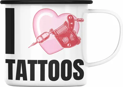 Produktbild von Trendation - I Love Tattoos Emaille Tasse Geschenk Tattoowiererin Tattoowierer Geschenkidee Spruch Männer Frauen (Schwarz)