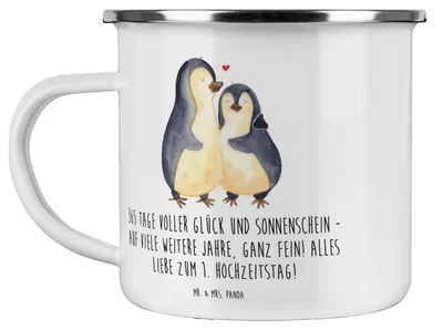 Produktbild von Mr. & Mrs. Panda Emaille Tasse 1. Hochzeitstag Papierhochzeit - Weiß - Geschenk, Pott, Teetasse, Heirat, Heiraten, Haferl, Geschenke, Liebe, Becher, Hochzeit, Ehejubiläum