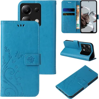 A collage of images showing a blue flip phone case with floral and butterfly embossing, displaying its various angles and features.