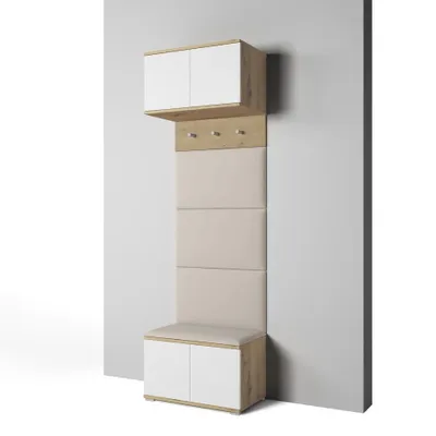 Produktbild von Garderoben-Set Aura Version 5: Schuhschrank mit Polsterpaneelen, Hängeschrank für Flur und Eingangsbereich (Weiß / Eiche Artisan/Trinity 02)